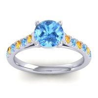 Swiss Blue Topaz Ring In Palladium With Citrine Valimat Round Classic Ring