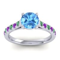 Swiss Blue Topaz Ring In 18k White Gold With Emerald And Amethyst Valimat Round Classic Ring