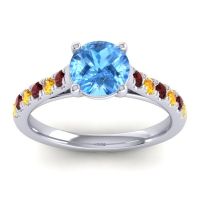 Swiss Blue Topaz Ring In Platinum With Garnet And Citrine Valimat Round Classic Ring