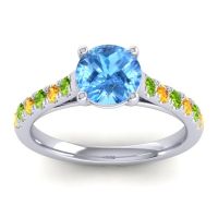 Swiss Blue Topaz Ring In Platinum With Peridot And Citrine Valimat Round Classic Ring