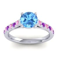 Swiss Blue Topaz Ring In Palladium With Pink Tourmaline And Amethyst Valimat Round Classic Ring