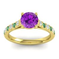 Amethyst Ring In 14k Yellow Gold With Lab Diamond And Emerald Valimat Round Classic Ring