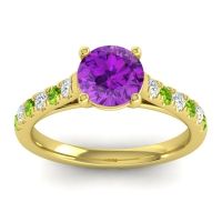 Amethyst Ring In 14k Yellow Gold With Lab Diamond And Peridot Valimat Round Classic Ring