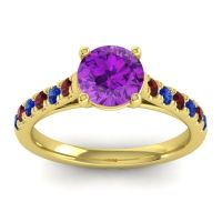 Amethyst Ring In 14k Yellow Gold With Garnet And Blue Sapphire Valimat Round Classic Ring