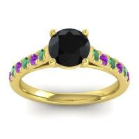 Black Onyx Ring In 18k Yellow Gold With Emerald And Amethyst Valimat Round Classic Ring