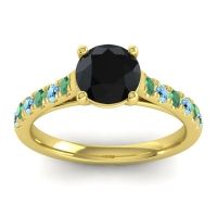Black Onyx Ring In 18k Yellow Gold With Emerald And Aquamarine Valimat Round Classic Ring
