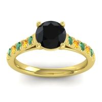 Black Onyx Ring In 18k Yellow Gold With Emerald And Citrine Valimat Round Classic Ring