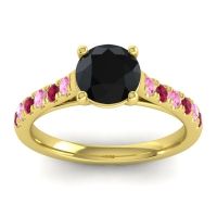 Black Onyx Ring In 18k Yellow Gold With Pink Tourmaline And Ruby Valimat Round Classic Ring