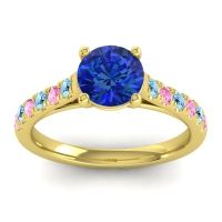 Lab Blue Sapphire Ring In 14k Yellow Gold With Aquamarine And Pink Tourmaline Valimat Round Classic Ring