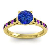 Lab Blue Sapphire Ring In 14k Yellow Gold With Black Onyx And Amethyst Valimat Round Classic Ring