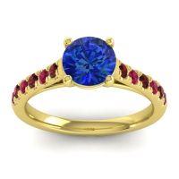 Lab Blue Sapphire Ring In 14k Yellow Gold With Garnet And Ruby Valimat Round Classic Ring