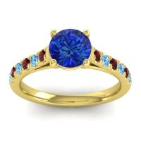 Lab Blue Sapphire Ring In 14k Yellow Gold With Garnet And Swiss Blue Topaz Valimat Round Classic Ring