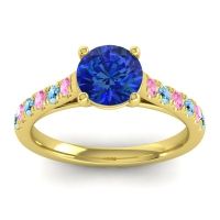 Lab Blue Sapphire Ring In 18k Yellow Gold With Pink Tourmaline And Aquamarine Valimat Round Classic Ring