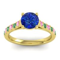 Lab Blue Sapphire Ring In 14k Yellow Gold With Pink Tourmaline And Emerald Valimat Round Classic Ring