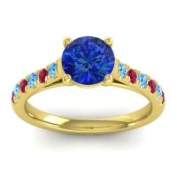 Lab Blue Sapphire Ring In 14k Yellow Gold With Swiss Blue Topaz And Ruby Valimat Round Classic Ring
