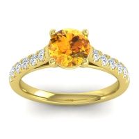Citrine Ring In 18k Yellow Gold With Diamond And Lab Diamond Valimat Round Classic Ring