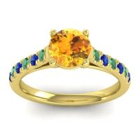 Citrine Ring In 14k Yellow Gold With Emerald And Blue Sapphire Valimat Round Classic Ring
