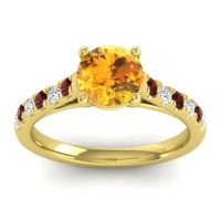 Citrine Engagement Ring In 18k Yellow Gold With Garnet And Diamond - Valimat Round Classic Ring