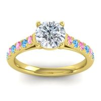 Lab Diamond Ring In 14k Yellow Gold With Pink Tourmaline And Swiss Blue Topaz Valimat Round Classic Ring