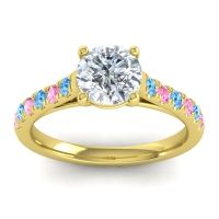 Lab Diamond Ring In 18k Yellow Gold With Swiss Blue Topaz And Pink Tourmaline Valimat Round Classic Ring
