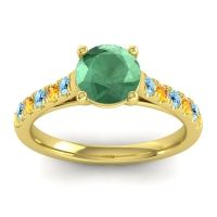 Lab Emerald Ring In 18k Yellow Gold With Aquamarine And Citrine Valimat Round Classic Ring
