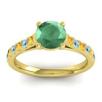 Lab Emerald Ring In 18k Yellow Gold With Citrine And Aquamarine Valimat Round Classic Ring