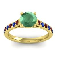 Lab Emerald Ring In 18k Yellow Gold With Garnet And Blue Sapphire Valimat Round Classic Ring