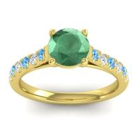 Lab Emerald Ring In 14k Yellow Gold With Swiss Blue Topaz And Lab Diamond Valimat Round Classic Ring