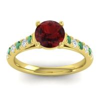 Garnet Ring In 14k Yellow Gold With Emerald And Lab Diamond Valimat Round Classic Ring