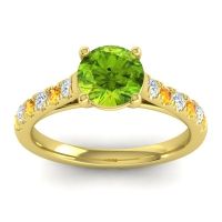 Peridot Ring In 18k Yellow Gold With Lab Diamond And Citrine Valimat Round Classic Ring