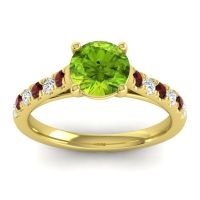 Peridot Ring In 18k Yellow Gold With Garnet And Lab Diamond Valimat Round Classic Ring