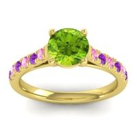 Peridot Ring In 18k Yellow Gold With Pink Tourmaline And Amethyst Valimat Round Classic Ring