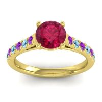 Lab Ruby Ring In 18k Yellow Gold With Amethyst And Aquamarine Valimat Round Classic Ring