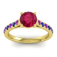 Lab Ruby Ring In 14k Yellow Gold With Amethyst And Blue Sapphire Valimat Round Classic Ring