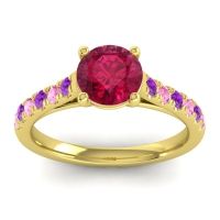 Lab Ruby Ring In 14k Yellow Gold With Amethyst And Pink Tourmaline Valimat Round Classic Ring