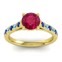 Lab Ruby Ring In 14k Yellow Gold With Blue Sapphire And Aquamarine Valimat Round Classic Ring