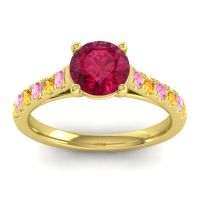 Lab Ruby Ring In 18k Yellow Gold With Pink Tourmaline And Citrine Valimat Round Classic Ring