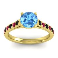 Swiss Blue Topaz Ring In 18k Yellow Gold With Black Onyx And Ruby Valimat Round Classic Ring