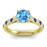 Swiss Blue Topaz Ring In 18k Yellow Gold With Lab Diamond And Blue Sapphire Valimat Round Classic Ring