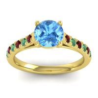 Swiss Blue Topaz Ring In 18k Yellow Gold With Garnet And Emerald Valimat Round Classic Ring