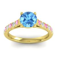 Swiss Blue Topaz Ring In 18k Yellow Gold With Pink Tourmaline And Lab Diamond Valimat Round Classic Ring