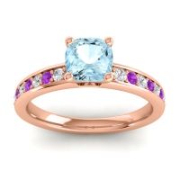Aquamarine Ring In 14K Rose Gold With Lab Diamond And Amethyst Asada-6 Cushion Classic Ring