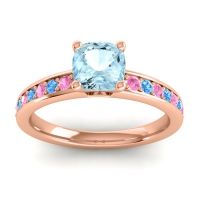 Aquamarine Ring In 14K Rose Gold With Pink Tourmaline And Swiss Blue Topaz Asada-6 Cushion Classic Ring
