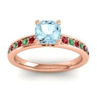 Aquamarine Ring In 18K Rose Gold With Ruby And Emerald Asada-6 Cushion Classic Ring
