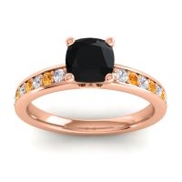Black Onyx Ring In 14K Rose Gold With Diamond And Citrine Asada-6 Cushion Classic Ring
