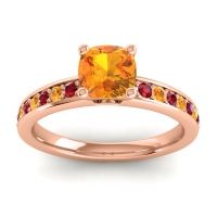 Citrine Ring In 14K Rose Gold With Ruby Asada-6 Cushion Classic Ring
