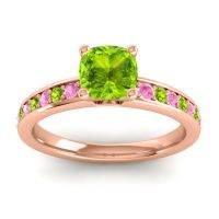 Peridot Ring In 14K Rose Gold With Pink Tourmaline Asada-6 Cushion Classic Ring
