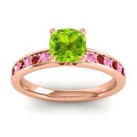Peridot Ring In 14K Rose Gold With Pink Tourmaline And Ruby Asada-6 Cushion Classic Ring