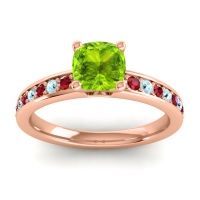 Peridot Ring In 14K Rose Gold With Ruby And Aquamarine Asada-6 Cushion Classic Ring