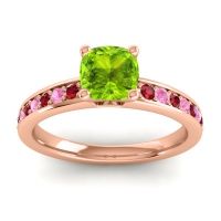 Peridot Ring In 14K Rose Gold With Ruby And Pink Tourmaline Asada-6 Cushion Classic Ring